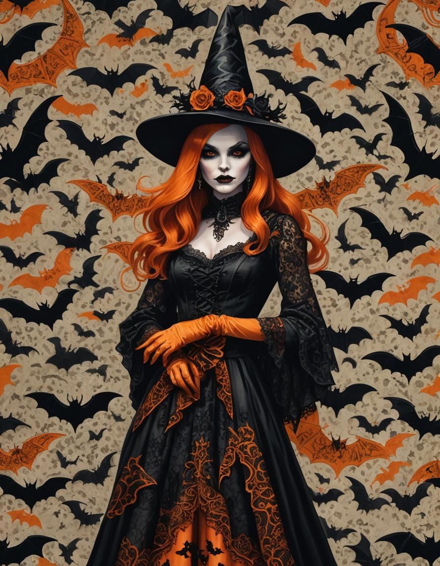 Glam Gothic Witch with Bats in Dark Parlor
