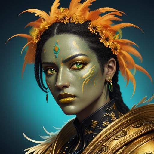 Golden Woman with Feathers in Expressionist Style