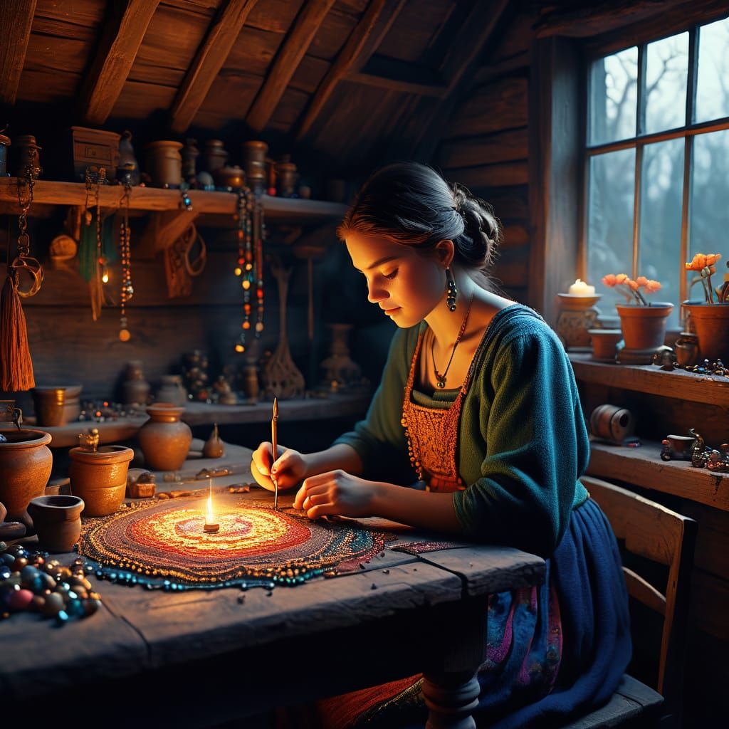 A Whimsical Folk Art Portrait of a Mystical Jewelry Maker
