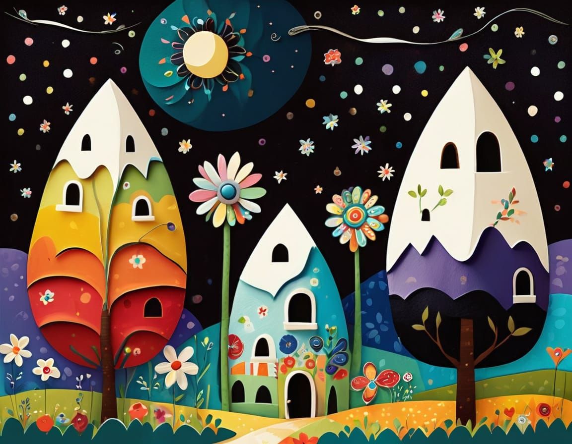 Whimsical Folk Art Village in Vibrant Landscape