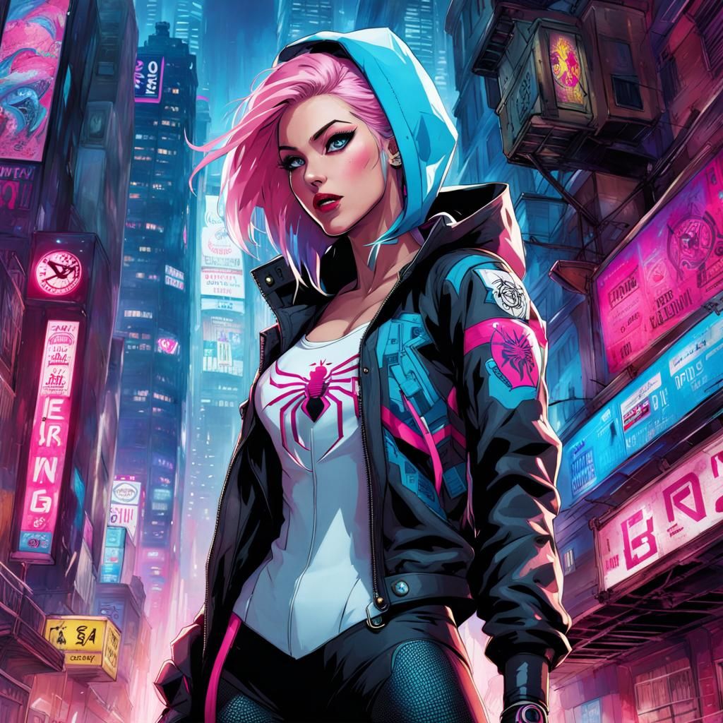 Cyberpunk Spider-Gwen Between Buildings