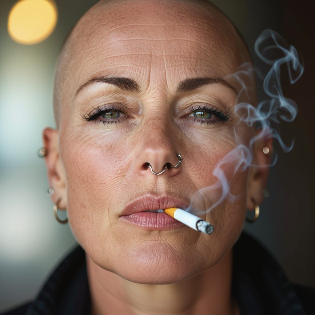 Bald Woman Inhaling Cigarette with Smoker's Wrinkles