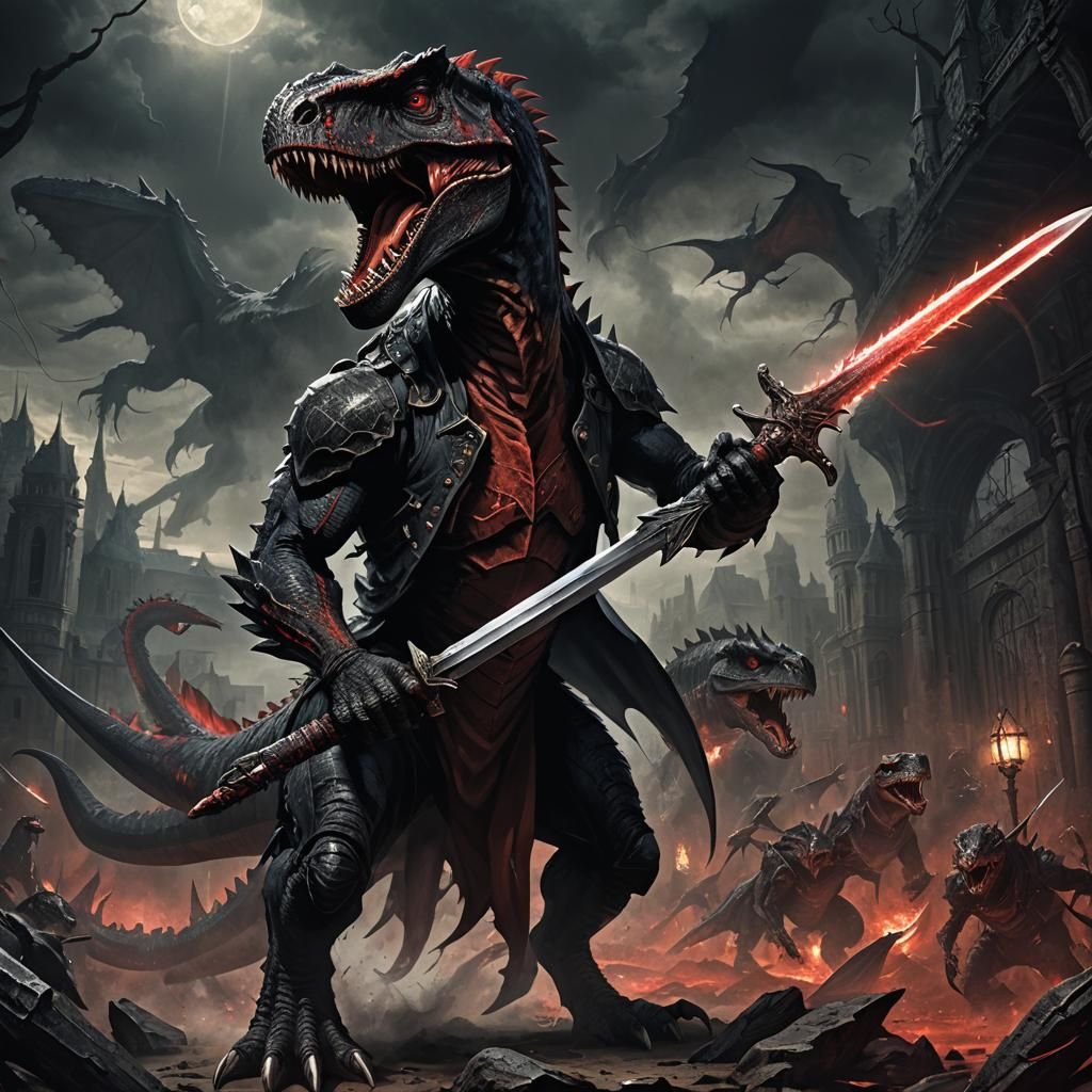 Menacing Raptor Dinosaur with Sword in Dark Fantasy Style