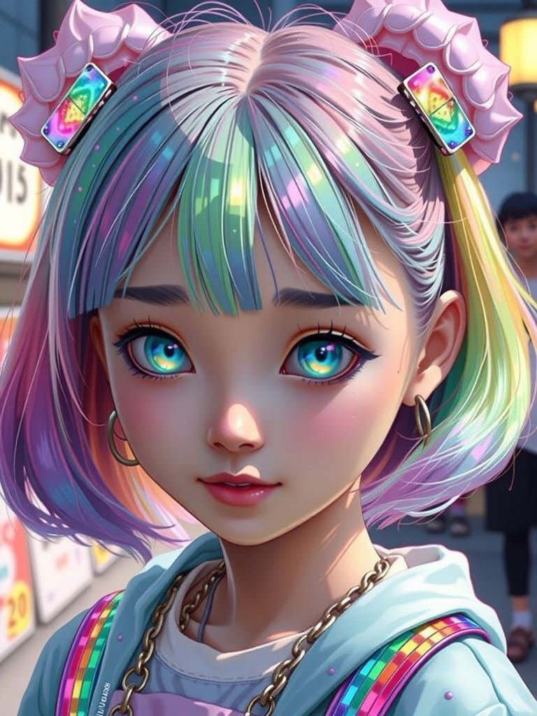 Harajuku Girl Portrait in Pastel Rainbow Colors