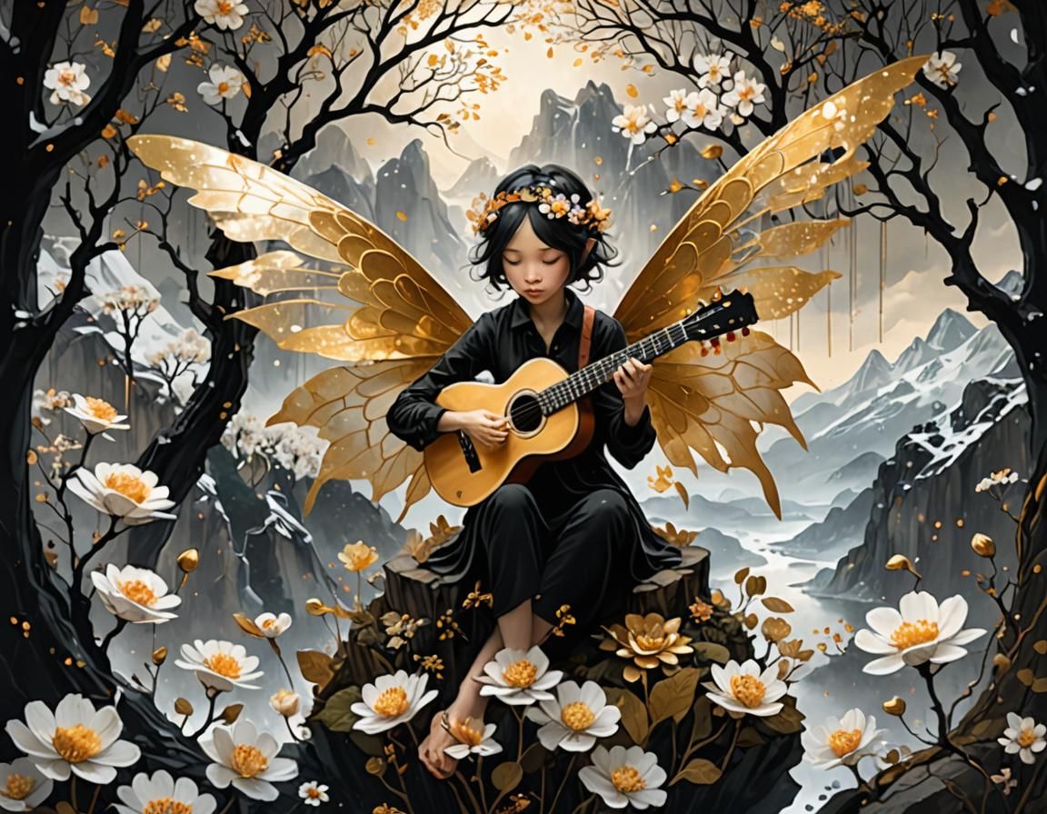 Fairy Musician in Mountain Landscape, Oil Painting