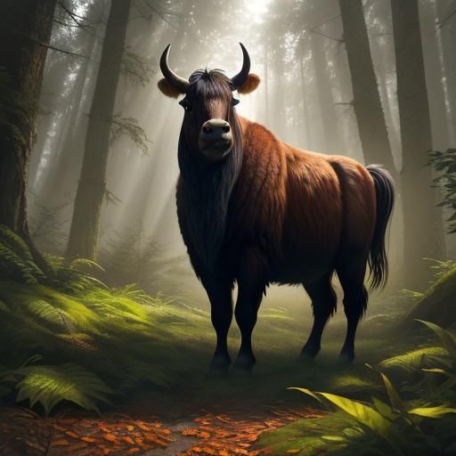 Yak in Forest Clearing: Realistic Wildlife Photography