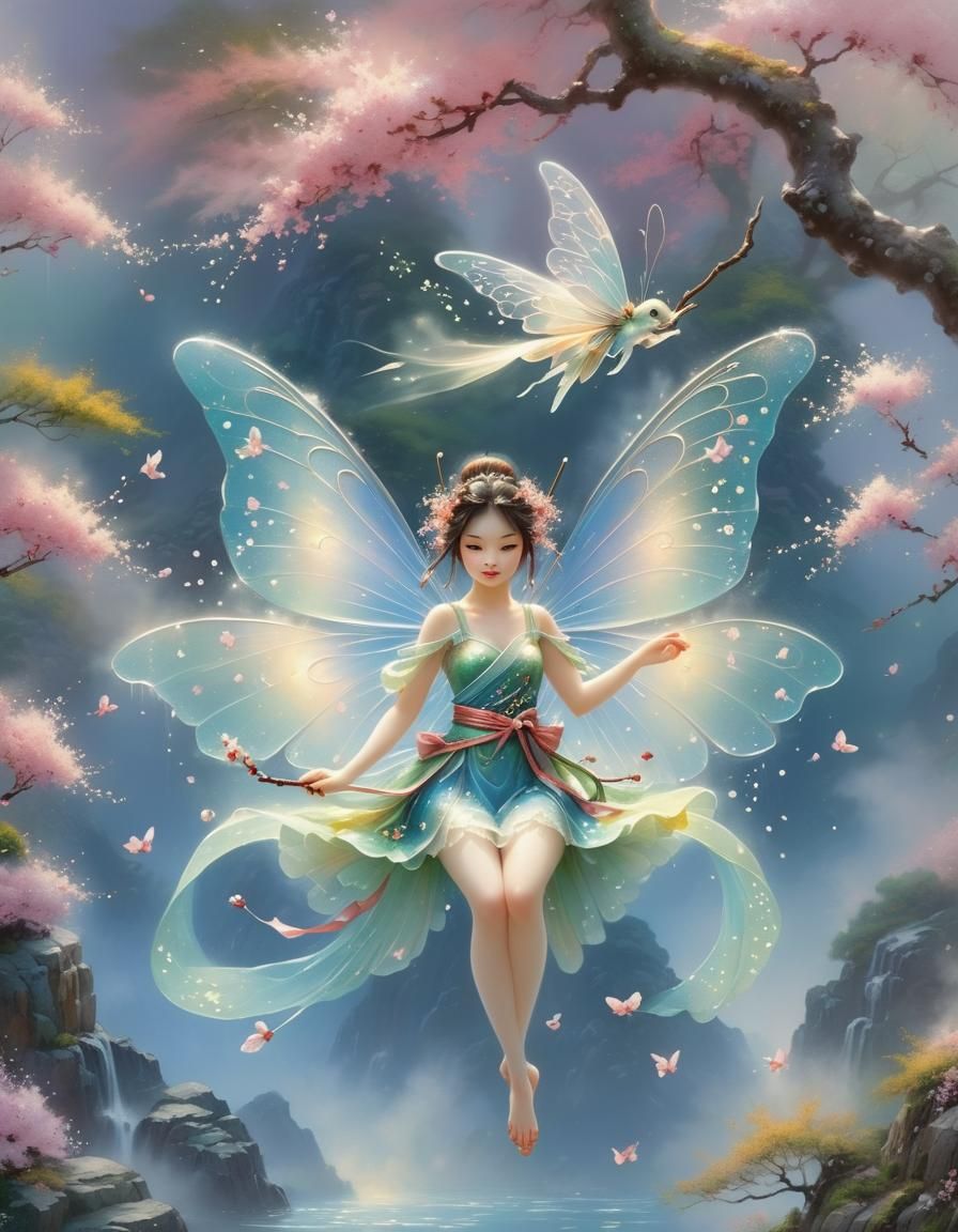 Beautiful Fairy in Japanese Style with Cherry Blossoms