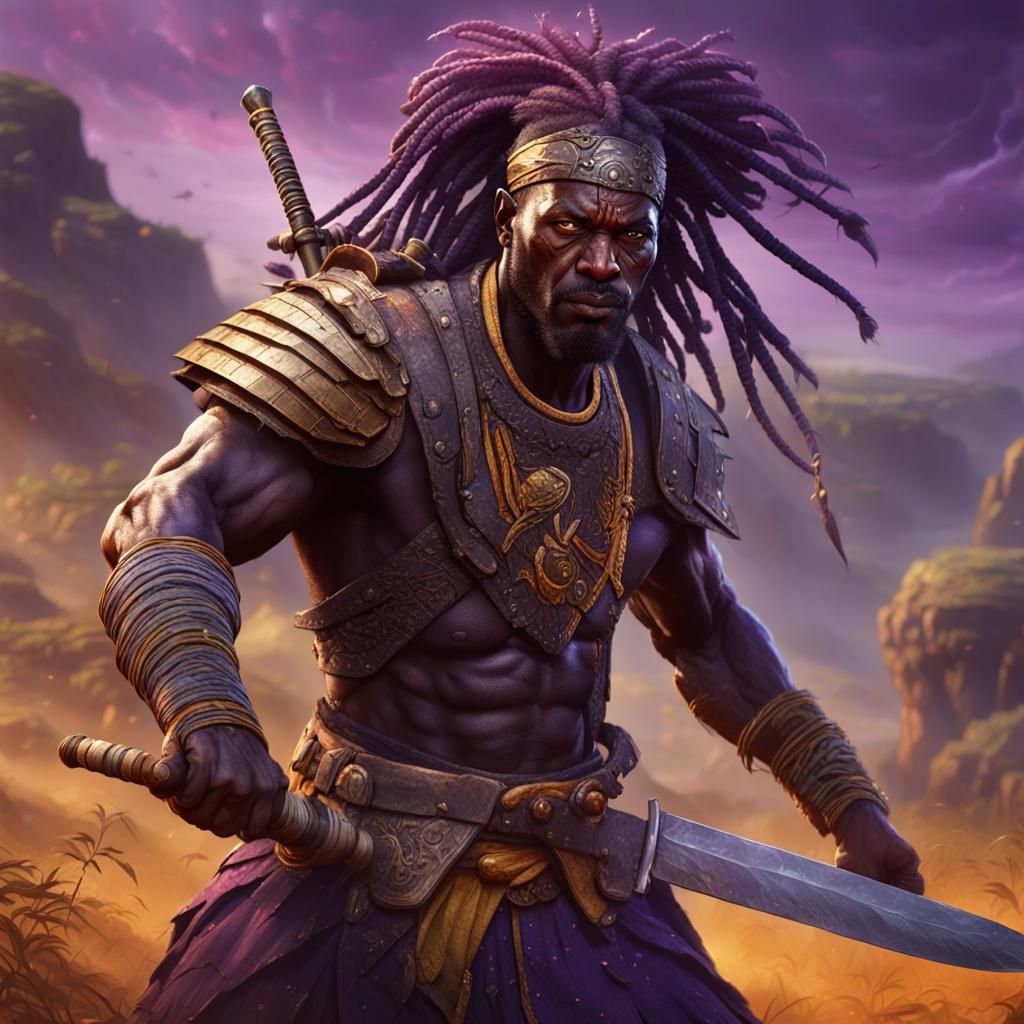 Aggressive African Warrior on Battlefield, Dark Fantasy Conc...