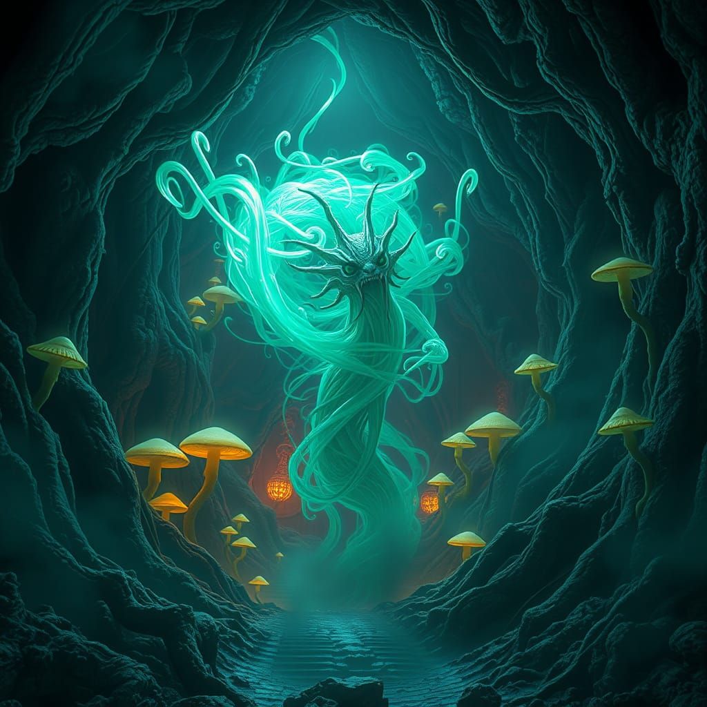 Emerging Yokai Entity in Emerald Green Labyrinth