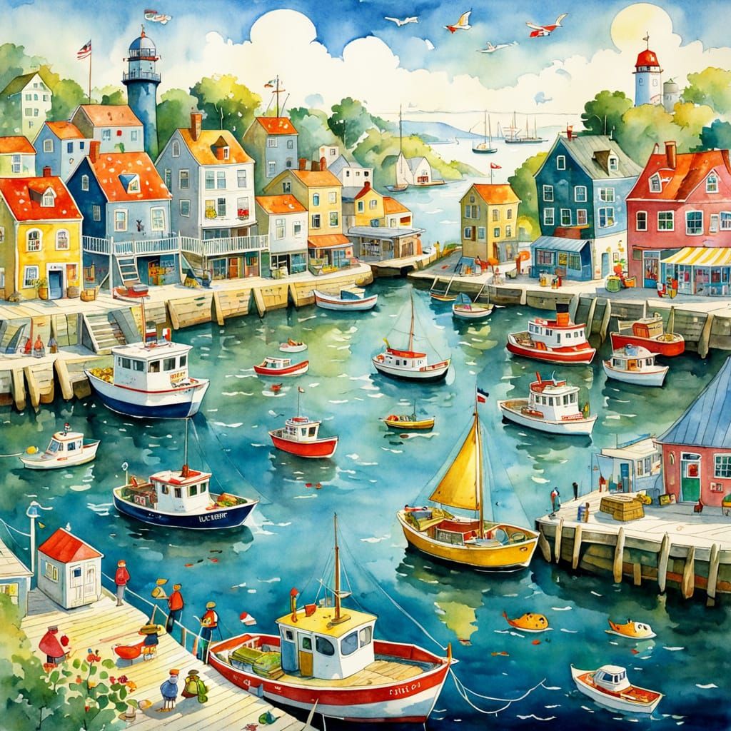 Charming Harbor Scene in Children's Illustration Style