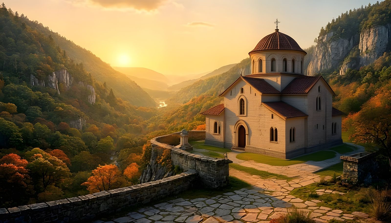 Ancient Monastery on Autumn Cliffs at Twilight