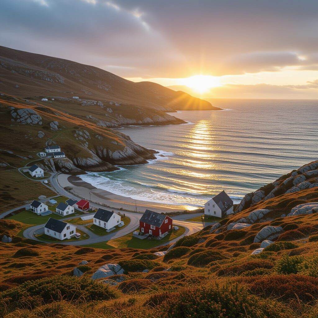 Rugged Scottish Coastline at Sunset with Fishing Village