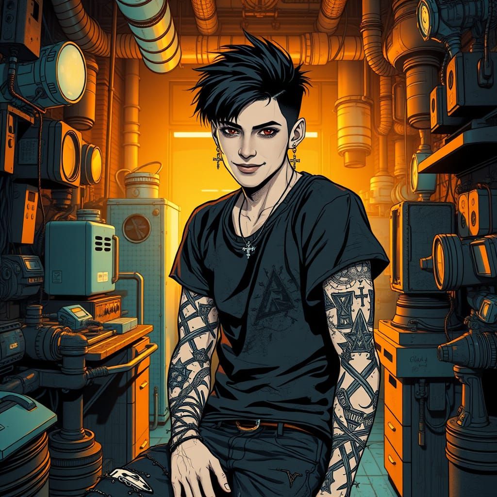 Mysterious Gothic Youth in Industrial Workshop