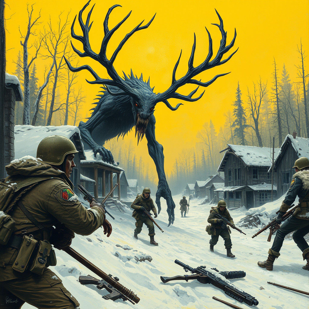 Soldiers vs Wendigo in Gothic Winter Landscape