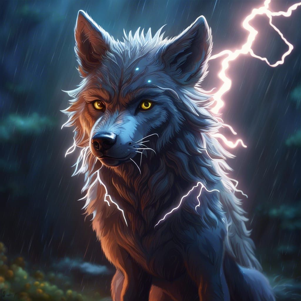 Adorable Wolf with Lightning in Sketch Style