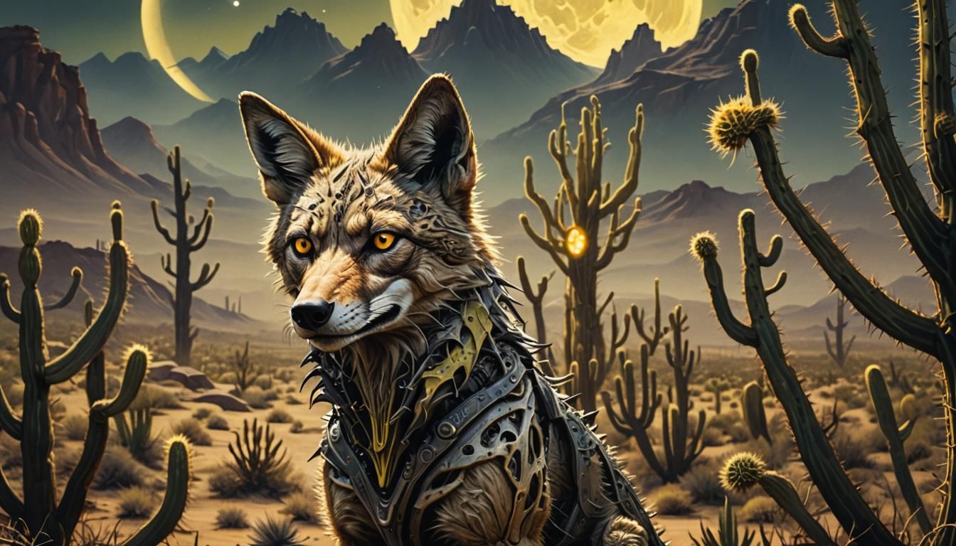 Ethereal Coyote Amidst Twisted, Glowing Cacti in Dark Fantas...