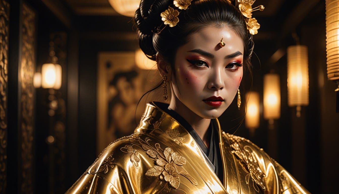 Regal Geisha Samurai in Golden Latex Attire