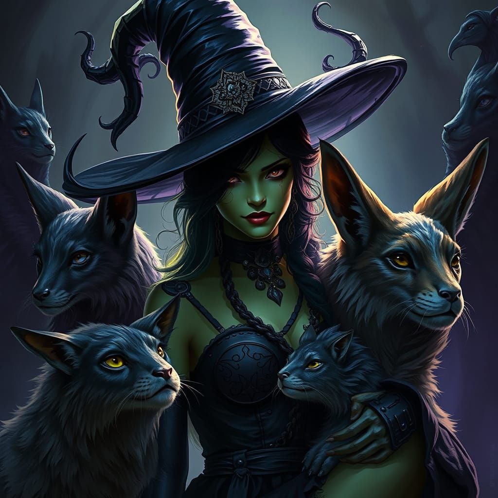 Dark Fantasy Druidess in a Black Dress and Hat, Surrounded b...