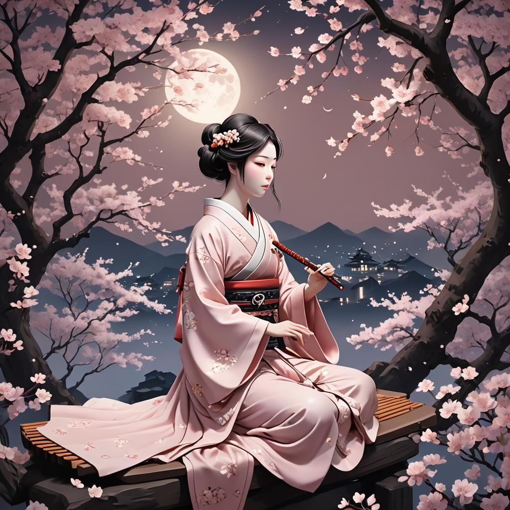 Koto Player Under Cherry Blossoms in Anime Style