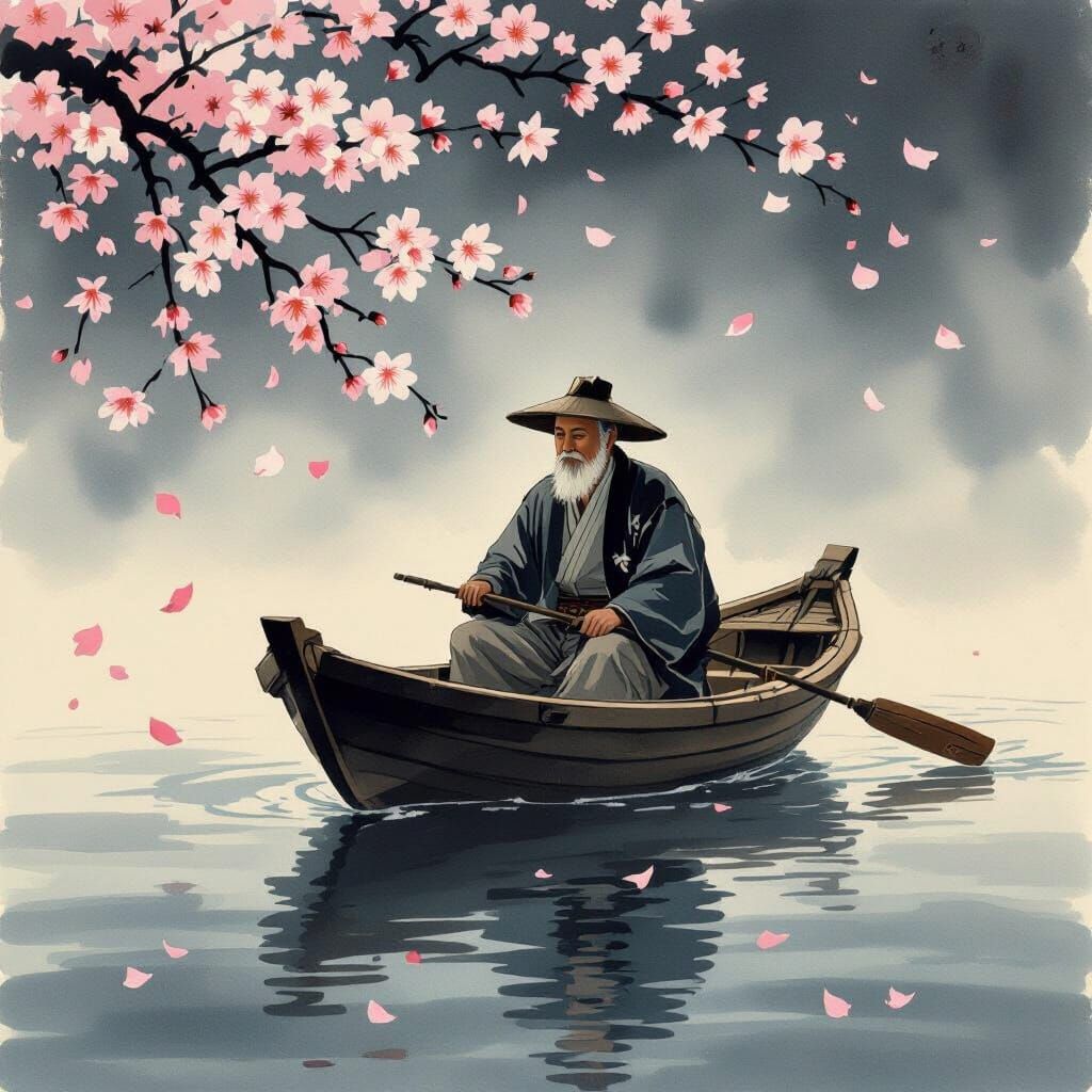 Fisherman Sailing Serene Waters with Cherry Blossoms