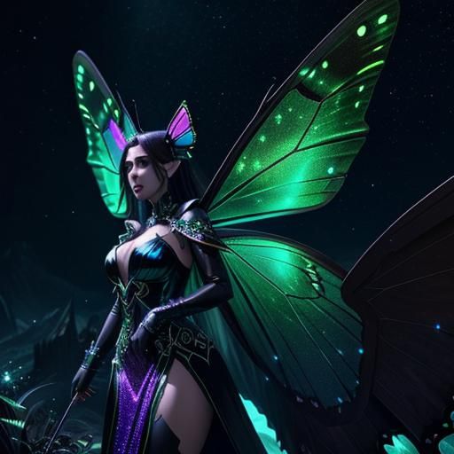Emerald Butterfly with Sparkling Wings in the Night
