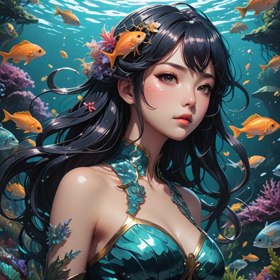 Underwater Anime Goddess in Vibrant Flat Manga Style