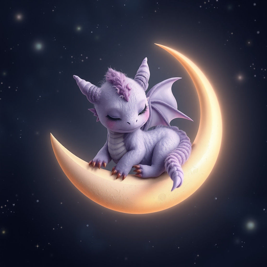Purple Dragon Sleeping on Moon in Dreamy Style