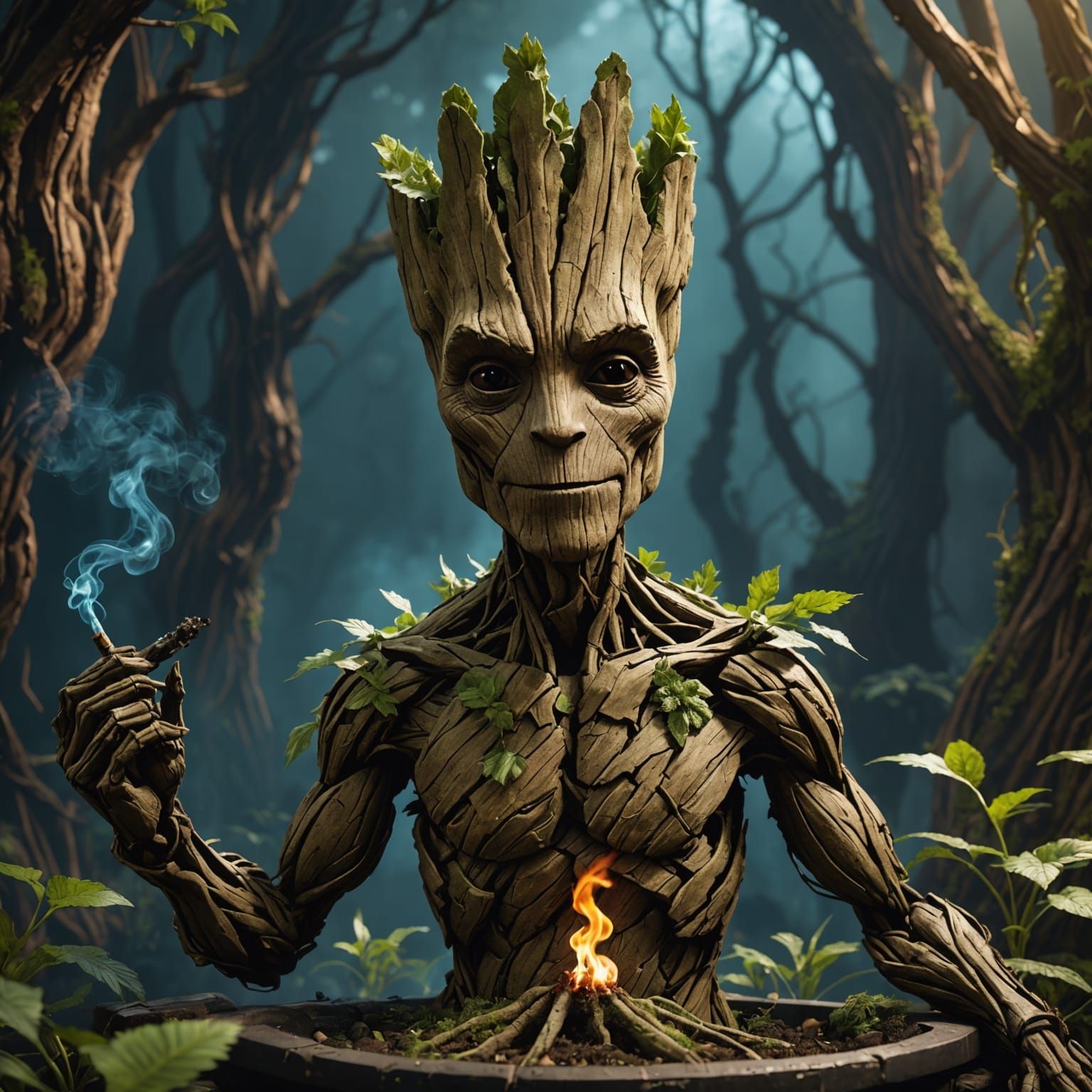 Groot Smoking Weed in Detailed Matte Painting