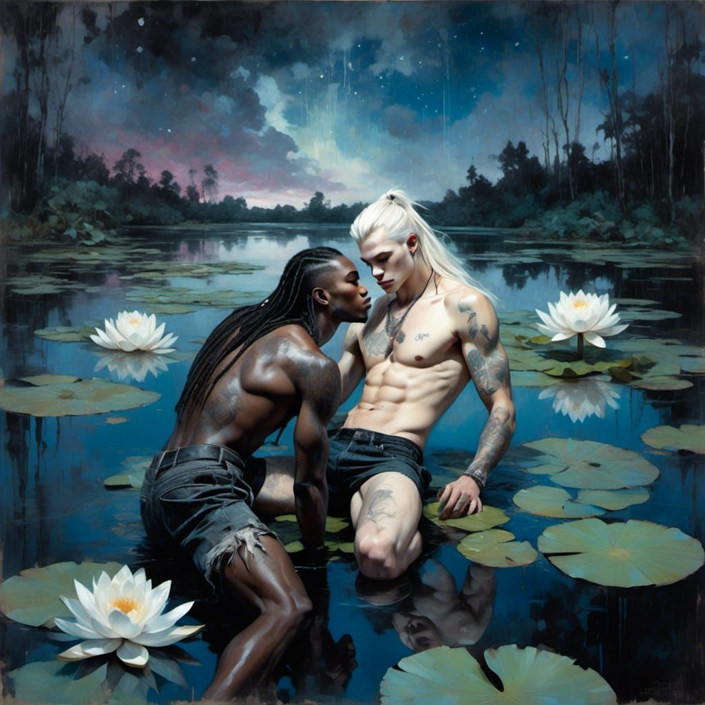Gay Kiss Under Northern Lights with Water Lilies