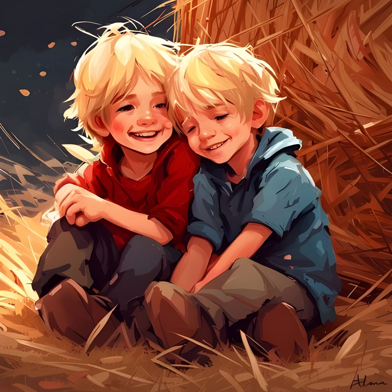 Boys Share Joyful Hug in Detailed Digital Painting