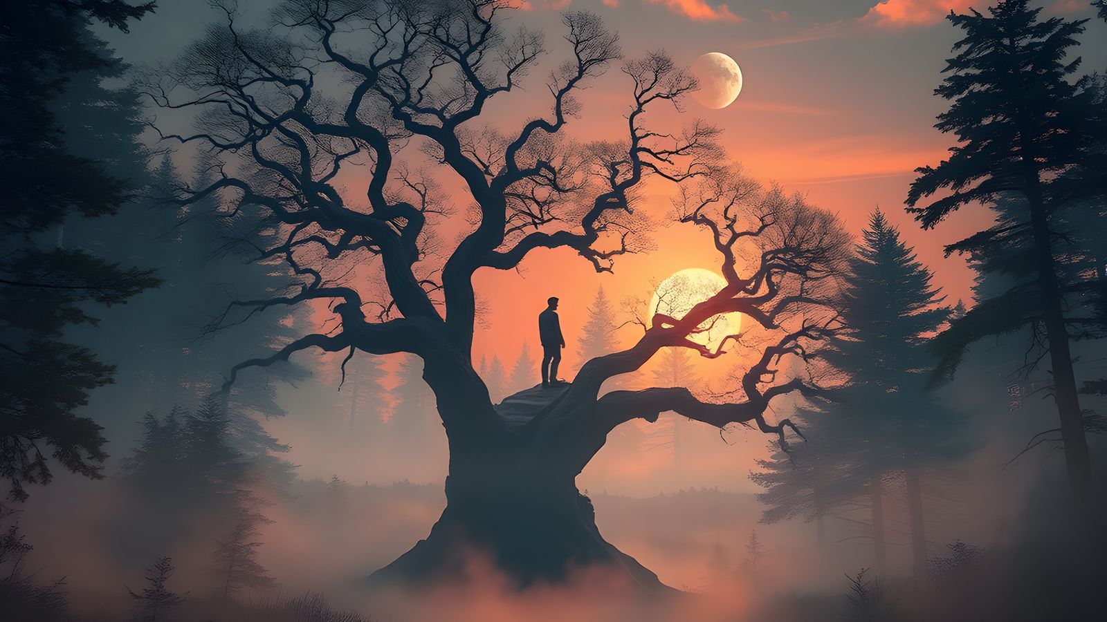 Person Above Tree in Vibrant Fantasy Landscape