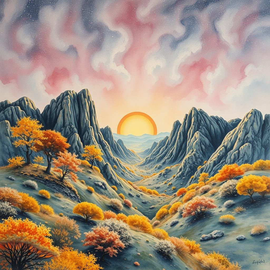 Orogenic Velvet Landscape in Gouache and Watercolor