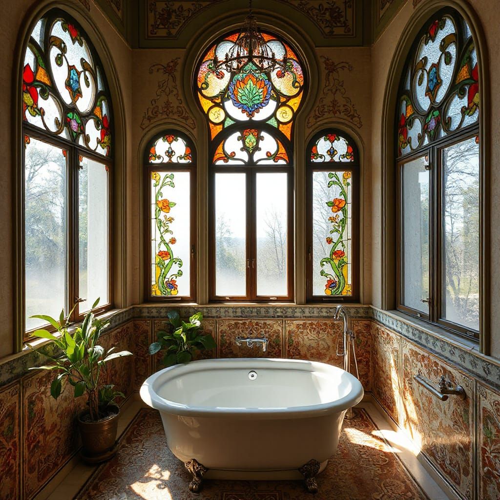 Elegant Bathroom with Stained Glass in Art Nouveau Style