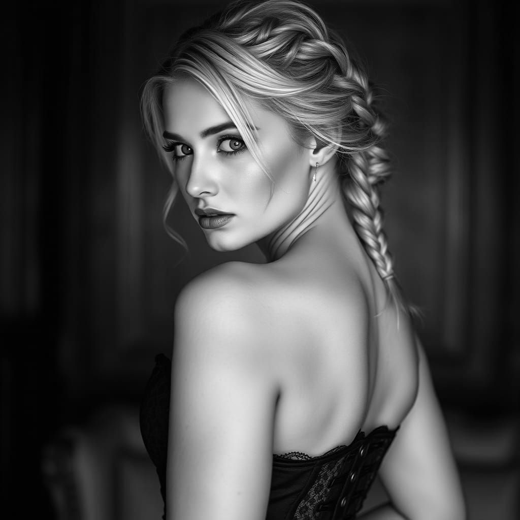 Elegant Woman Adjusting Corset in Black and White Photo