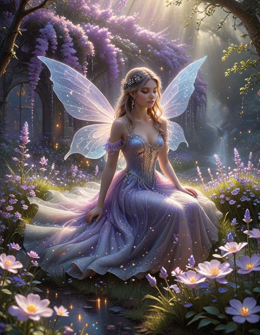 Ethereal Fairy Beneath Lavender in Hyperdetailed Mist
