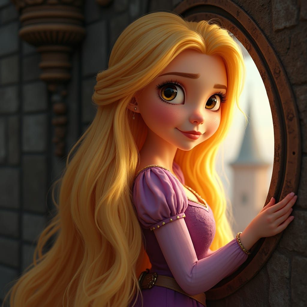 Hyperrealistic Rapunzel with Luminous Skin at Tower Window