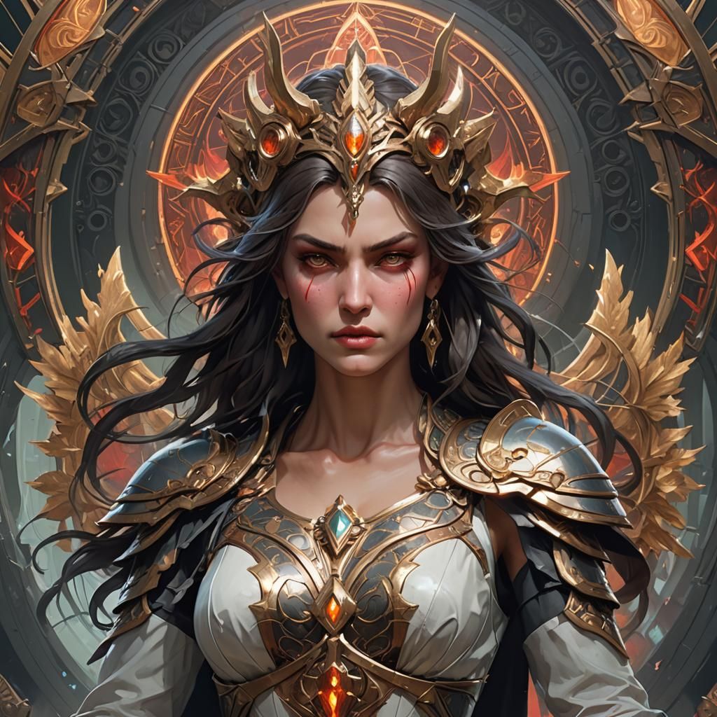 Nemesis, the goddess of revenge, standing tall, defiant in h...