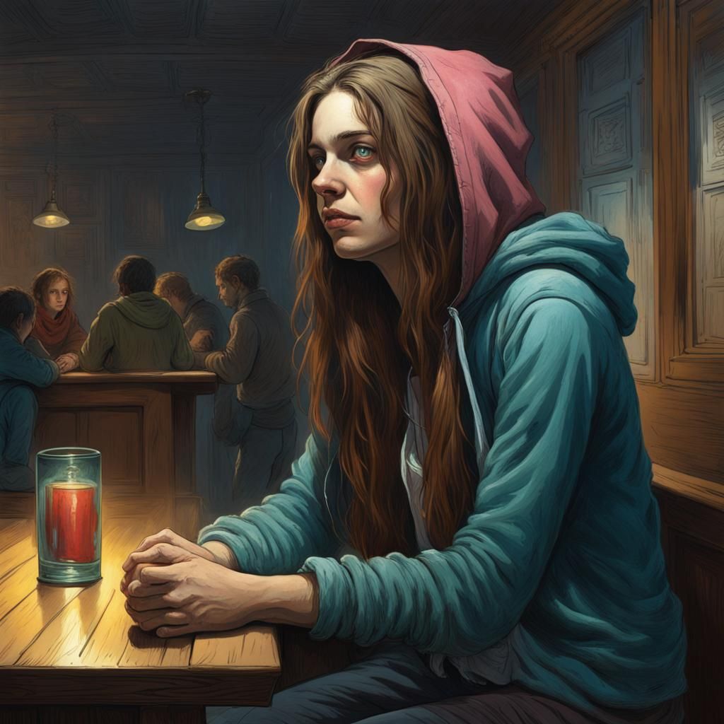 Anxious Woman in Bar, Horror Art Style