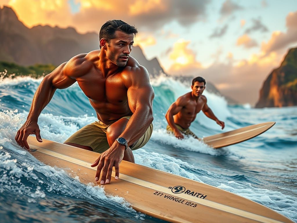 Chiseled Athletes Ride Pipeline Waves in Hawaiian Sunset