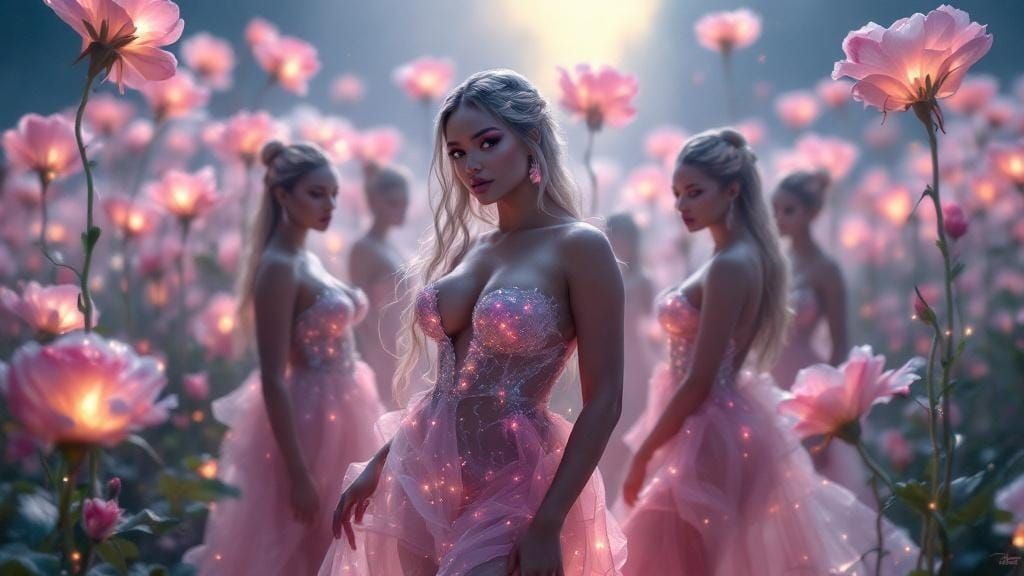 Curvy Women in Alien Rose Field, Ethereal Fantasy
