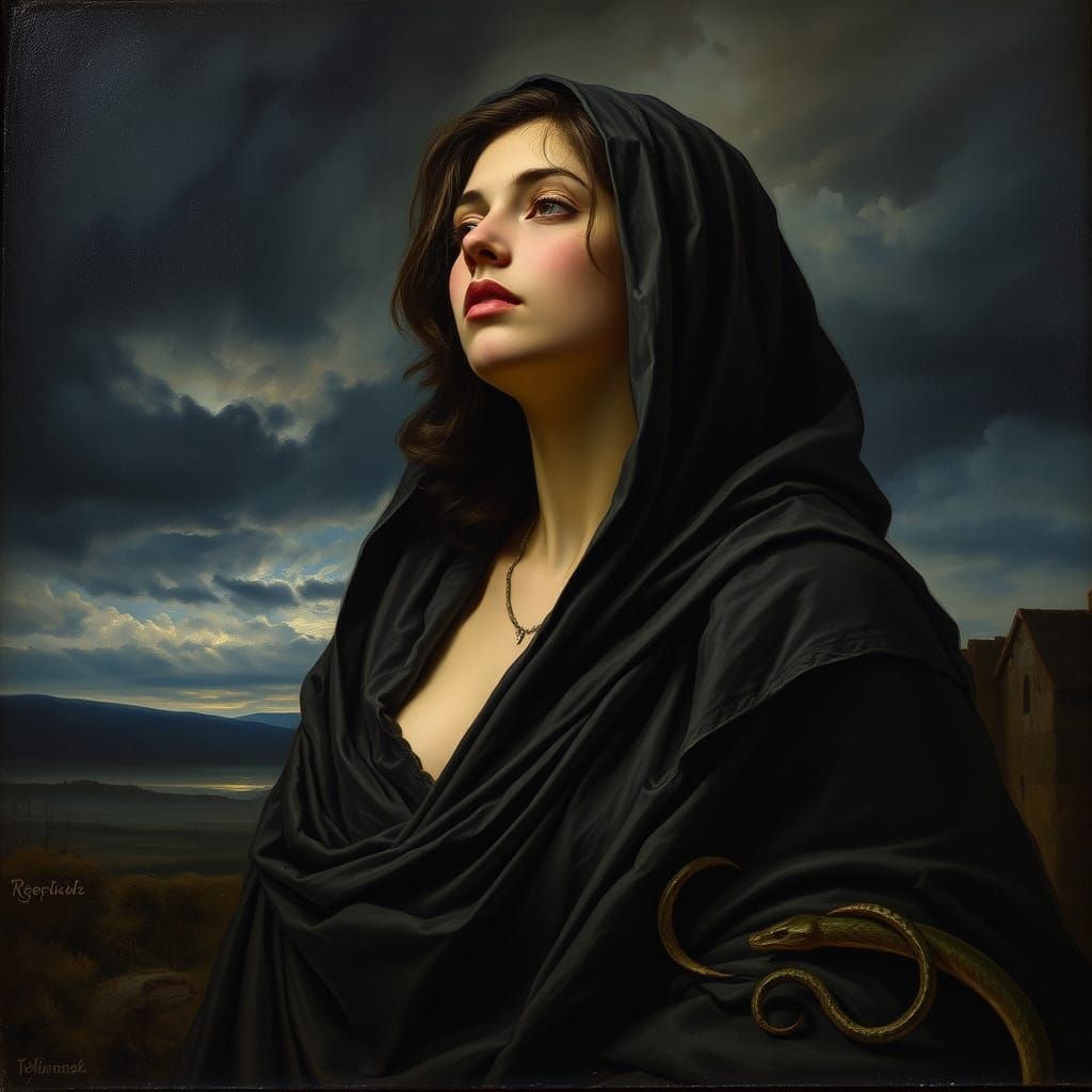 Mysterious Woman in Allegorical Oil Painting