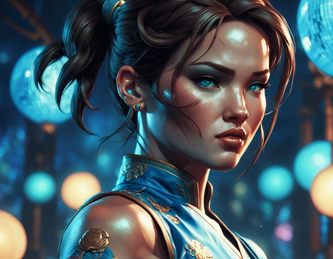 Flirty Woman in Qipao with Bioluminescent Disco Background