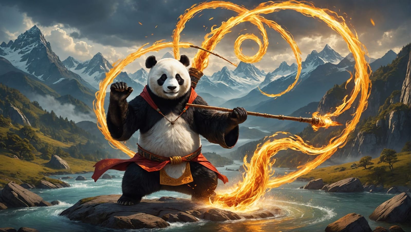 Panda Mage Directing Elements in Fantasy Landscape