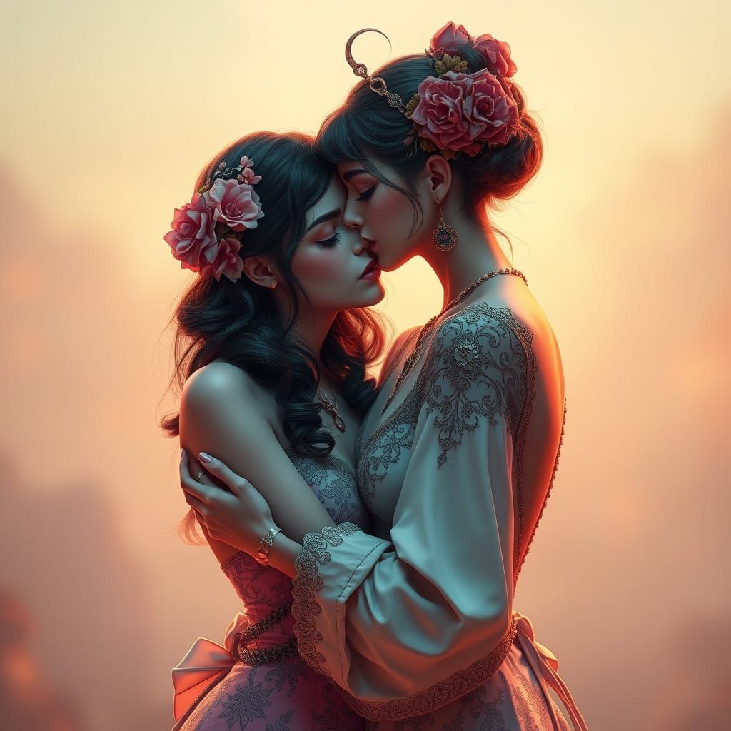Elegant Ladies Share a Tender Kiss in Concept Art Style