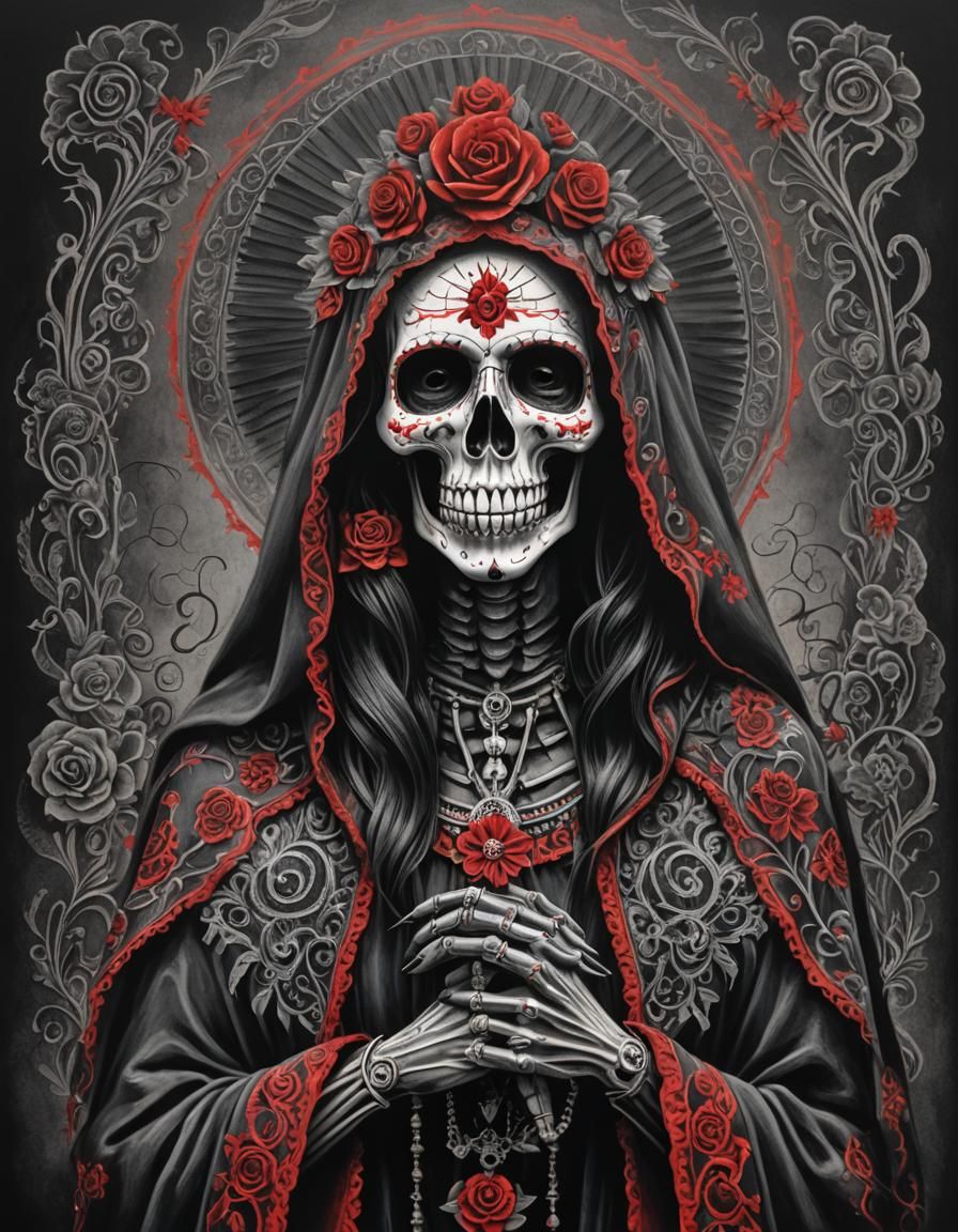 Dark Beauty of Santa Muerte in Traditional Mexican Folk Art