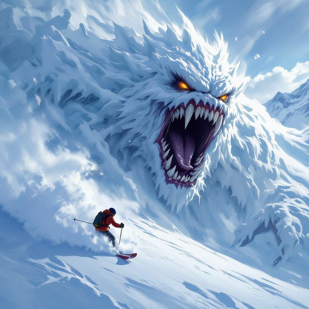 Skier Evades Snow Monster Avalanche in Digital Painting