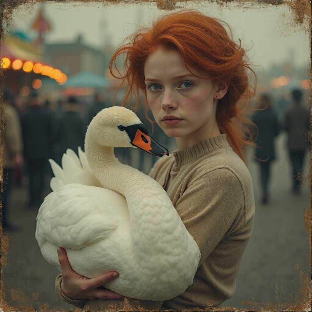 Tintype of Woman with Swan in Fairground Setting