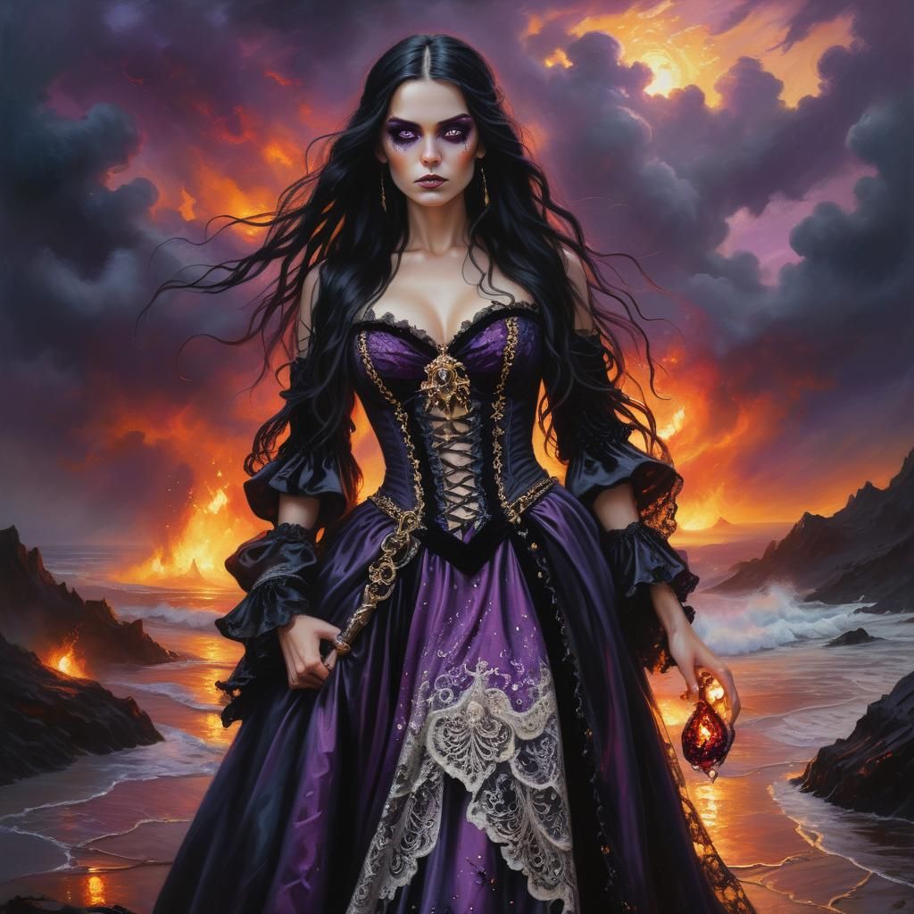 Gothic Pirate Beauty in Fiery Landscape, Oil Painting