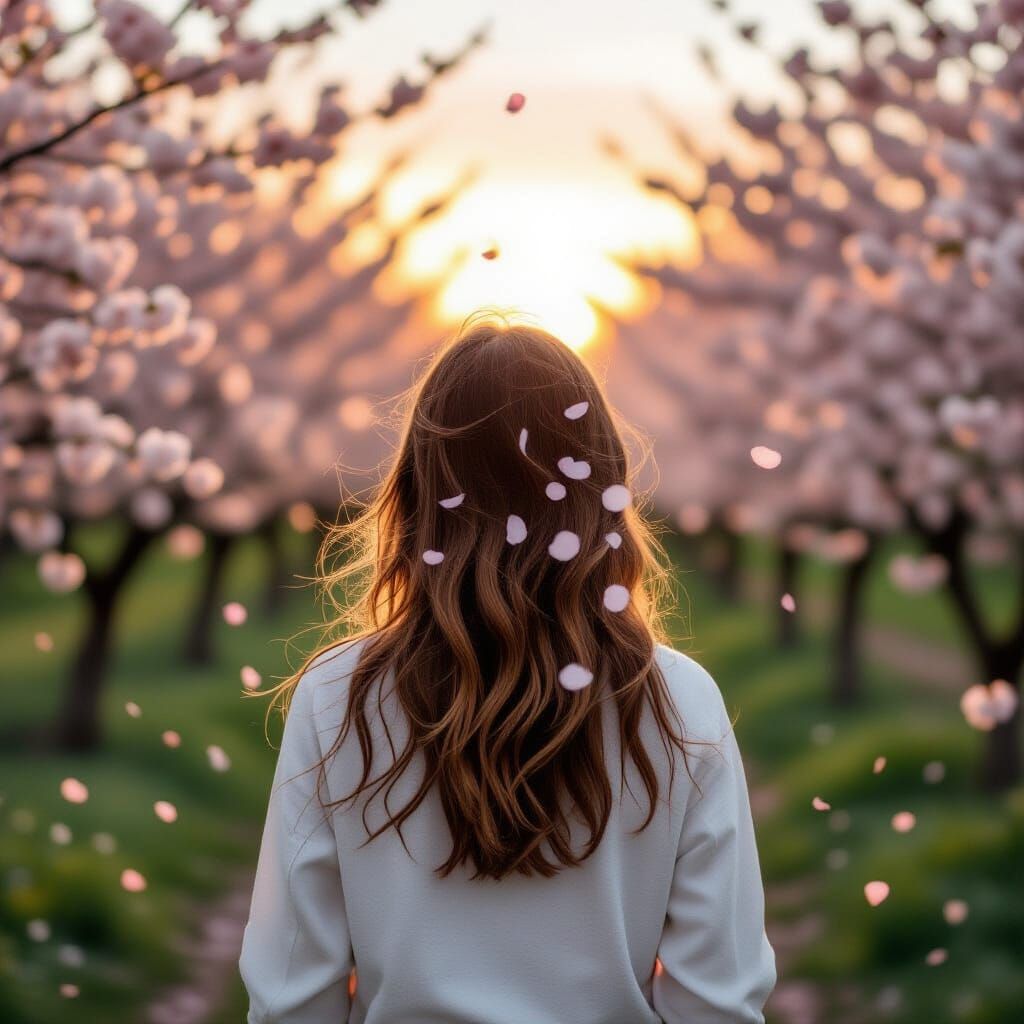 Teenage Girl Peaceful Walk in Almond Blossom Orchard at Suns...