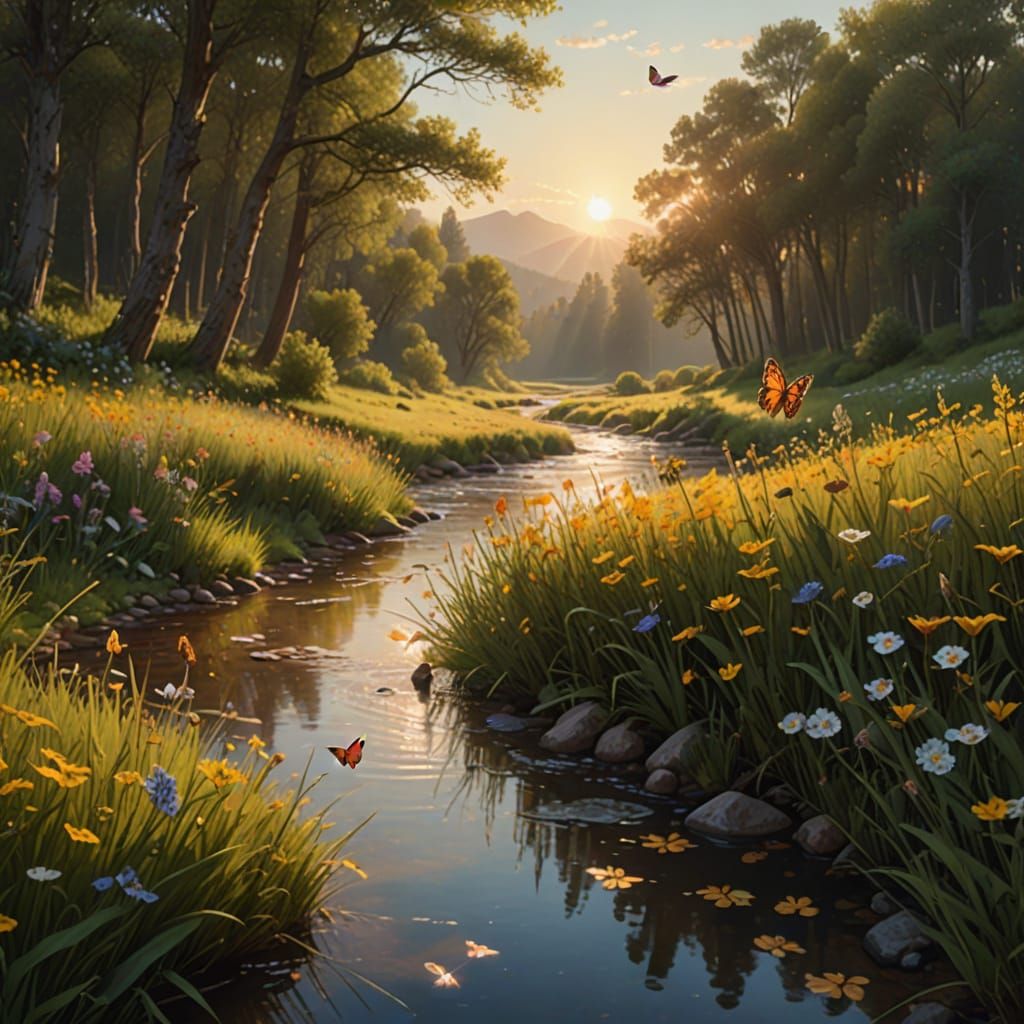 Hyperrealistic Meadow with Wildflowers and Stream